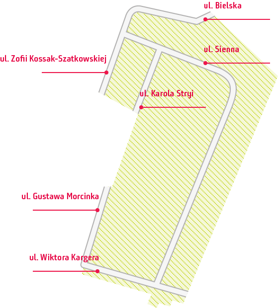Mapa obszaru terenów położonych w rejonie ulic: Bielska, Kossak-Szatkowskiej, Morcinka i Kargera
